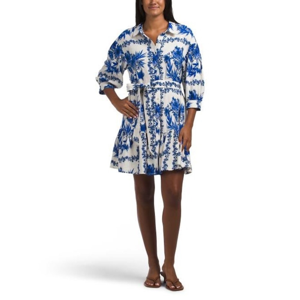 Calypso St Barth Blue Floral Linen Blend Tiered Shirt Dress NWT Medium